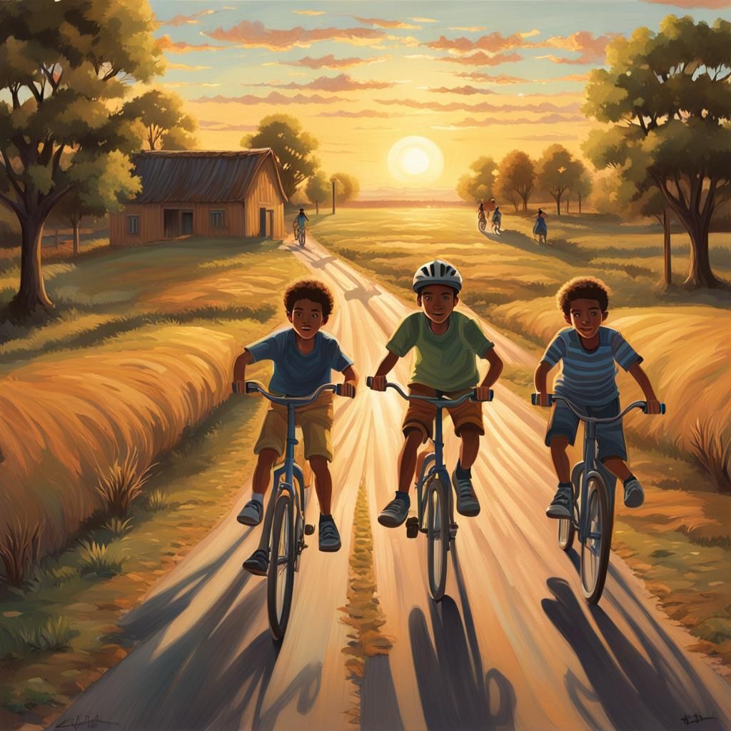 A trio of boys of varying descent: one Hispanic, one Caucasian, and one Black, are riding bicycles. They ...  by @DecloDee