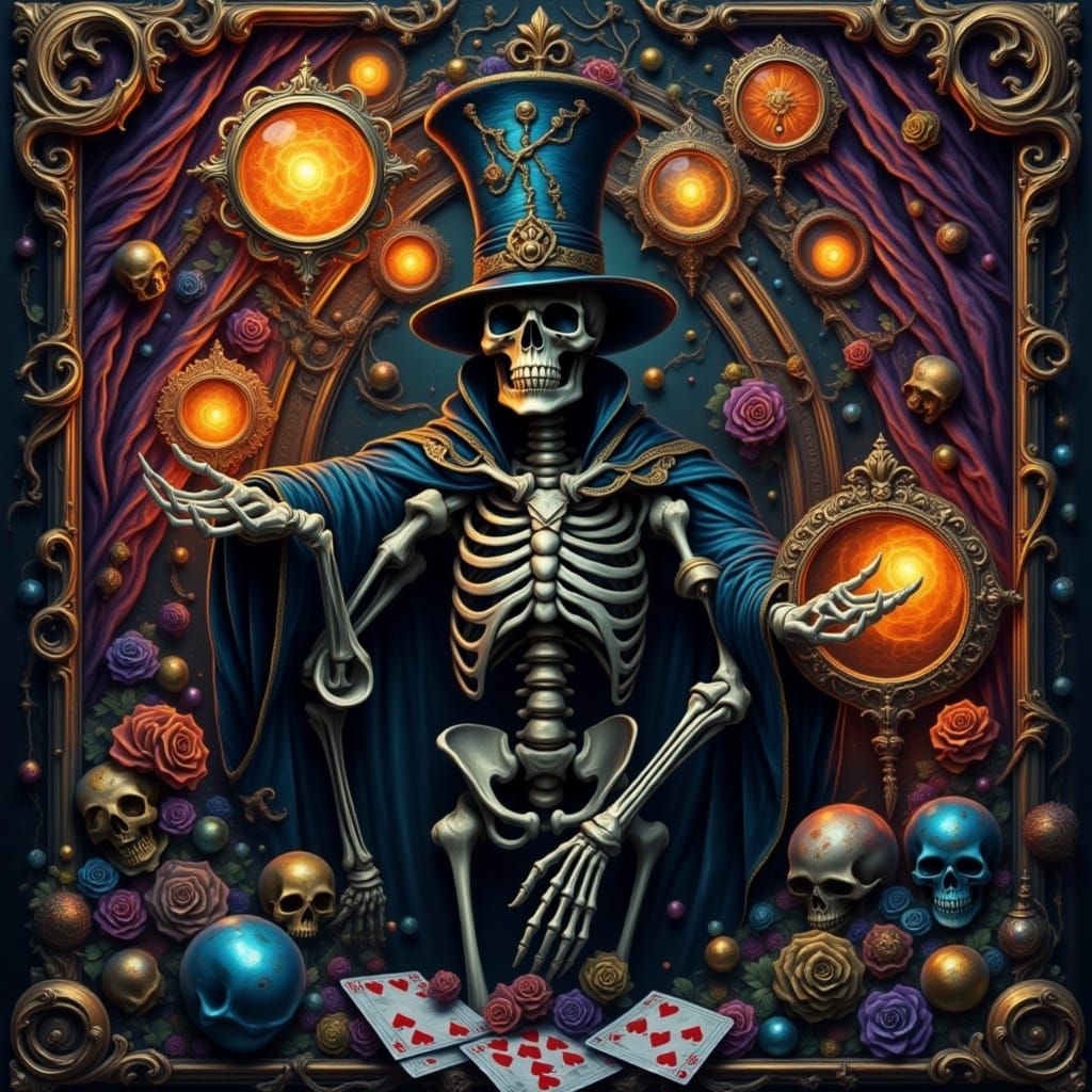 magician skeleton, danse macabre, stepping out of a playing card, <lora:Danse with the dead:1.0> Gustave Doré Gustav Klimt contrasting color...
