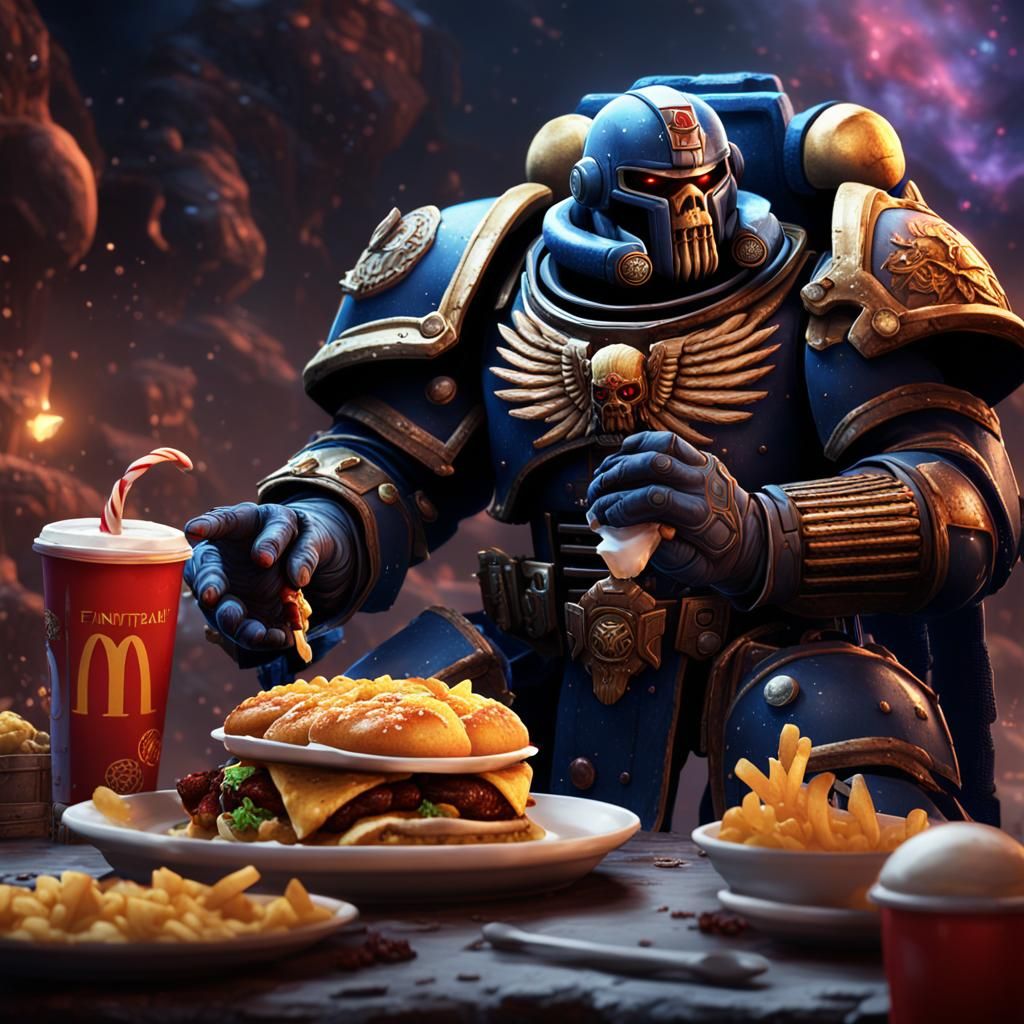 a night lord space marine eating a happy meal