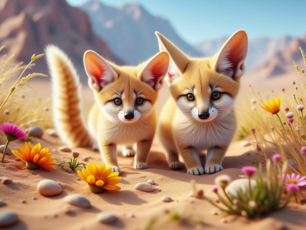 <lora:FiosExoticMammals:1.0>  Cute Fennec Foxes in a desert