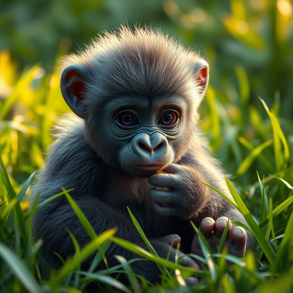 Adorable Baby Gorilla in Lush Grassy Setting