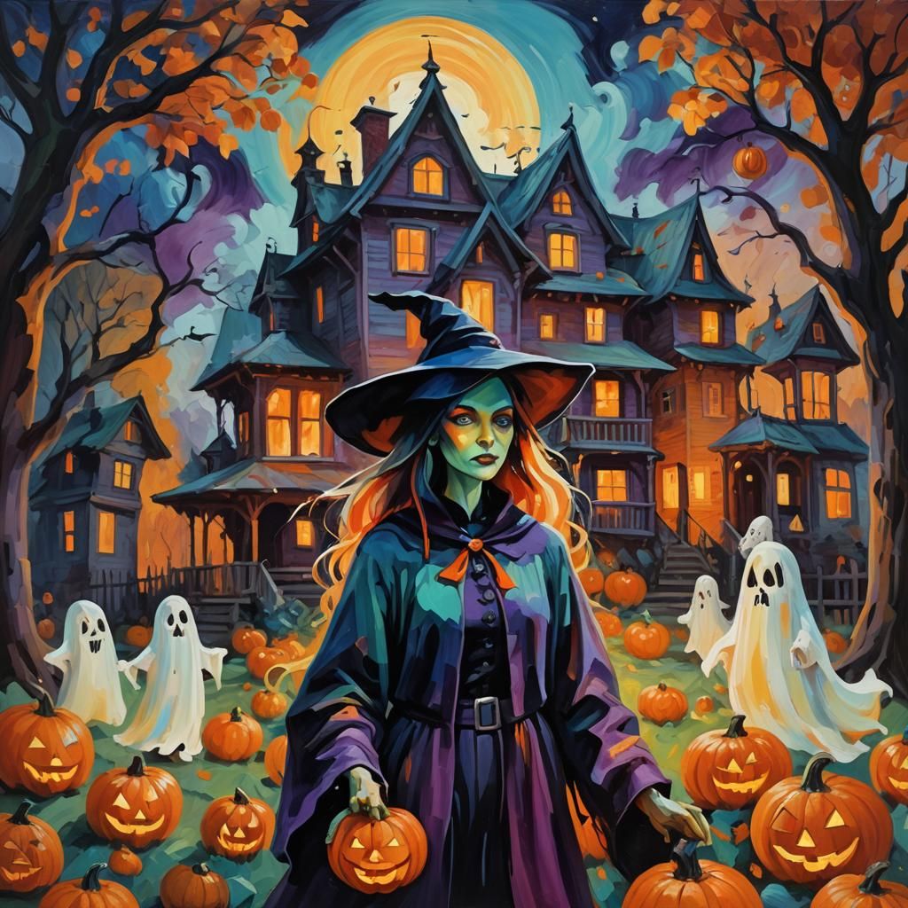 Halloween scene with a witchy House Pumpkins and ghosts