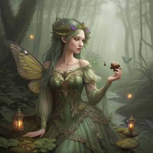 Enchanted Fairy Smoking Pipe in Forest, Fantasy Art