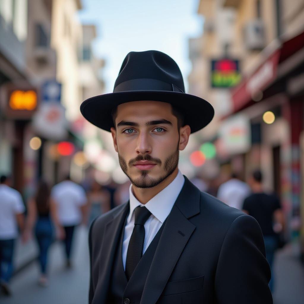 Stylish Hasidic Man in Tel Aviv, Hyperrealistic Image
