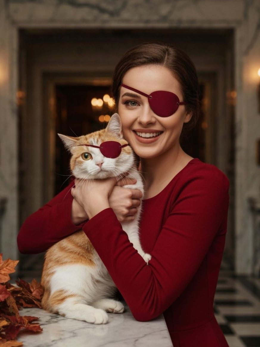 Stylish photograph of a smiling woman and her cat who both wear a matching burgundy red eyepatch, no. 2
