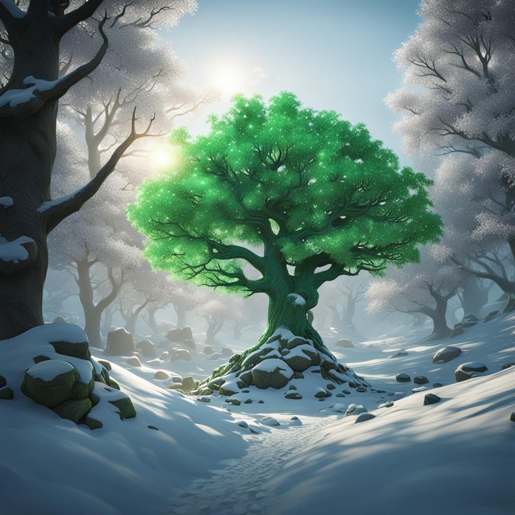 a Green tree alone in snow biome with sunlight