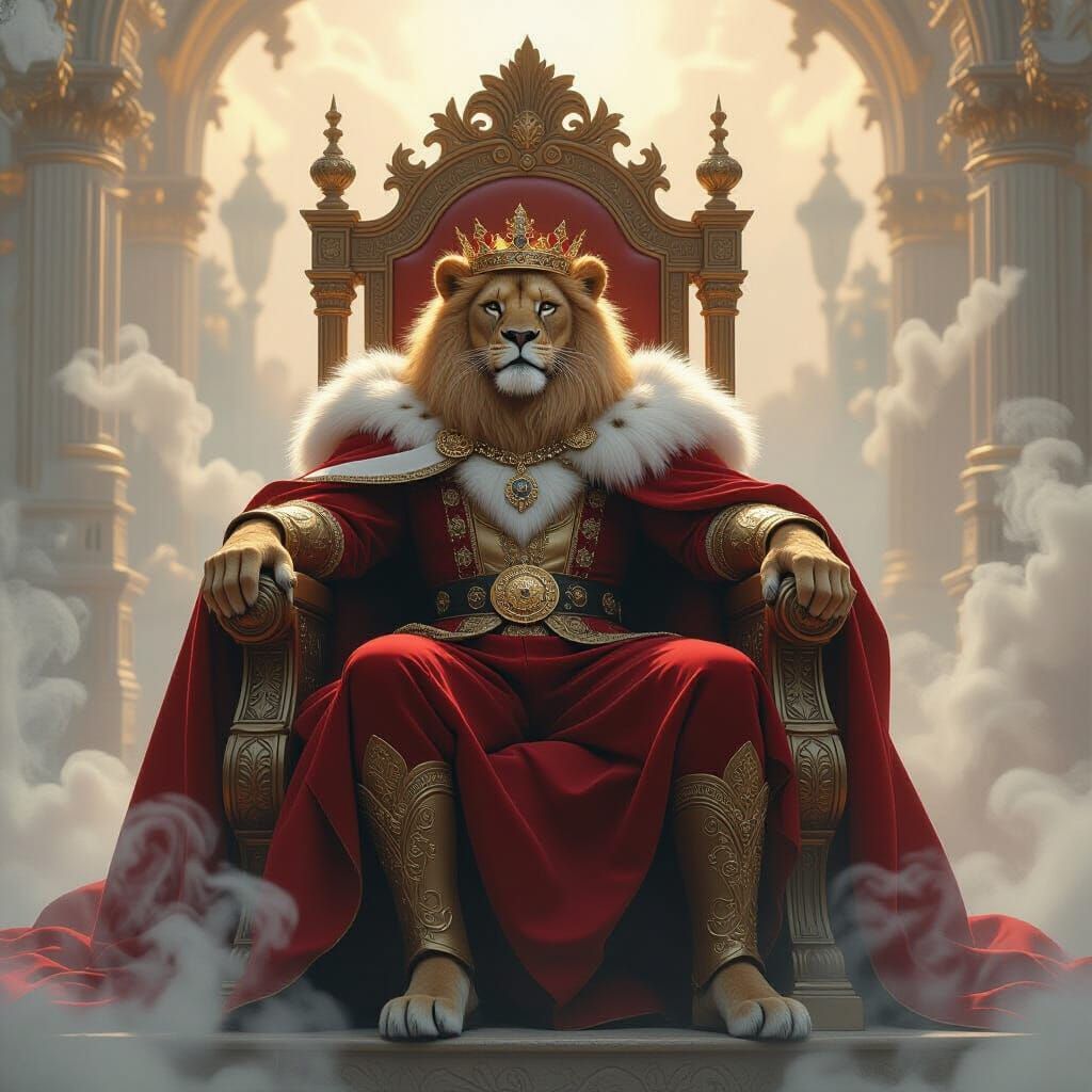 King on Lion Throne in Dreamy Fantasy Landscape