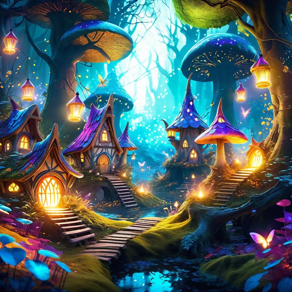 A Fairy Village in a Mystical Magic Forest, cinematic scene,...