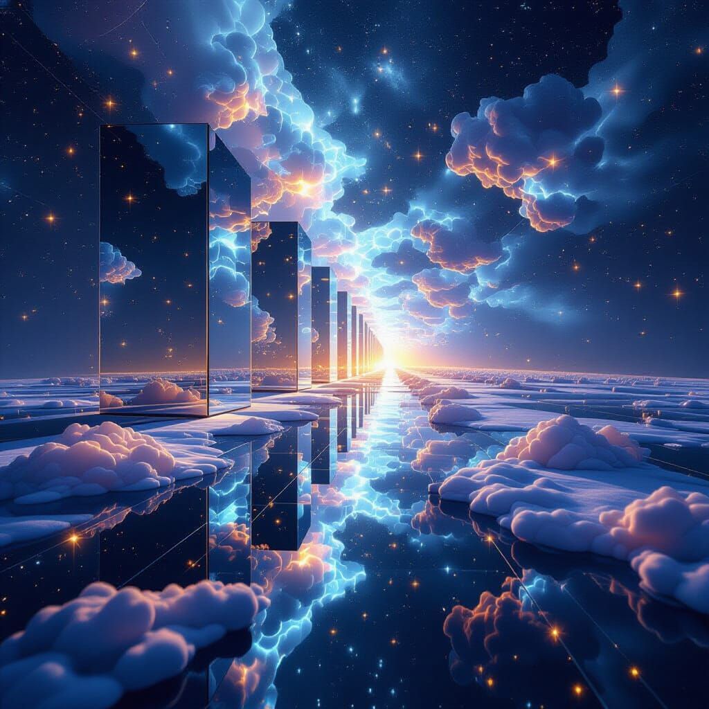 an endless row of (mirror mirroring mirrors forming generative design) disappears in an event horizon. a molecular bonding network illuminat...