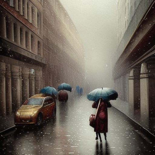 Rainy Budapest Street: A Moody Watercolor Masterpiece