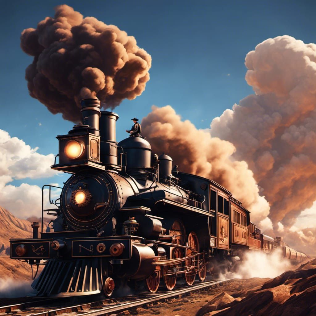 A cowboy on the top of a running great steam locomotive wagons. Cartoonish. Comic.