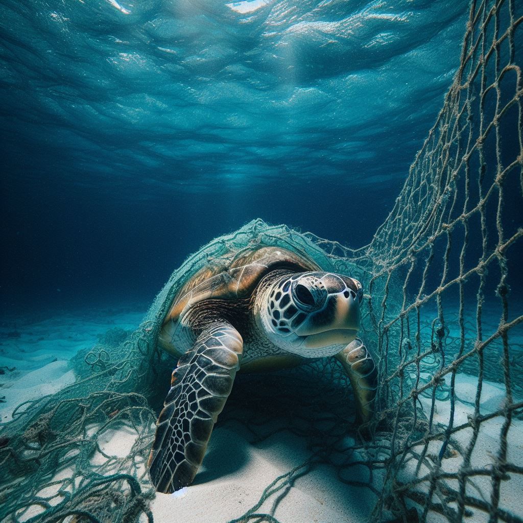 A sea turtle trapped in a fishing net