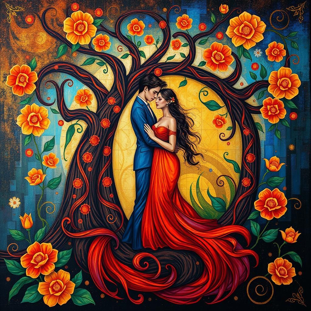 Klimt-Inspired Symbolist Painting of Lovers in Gold