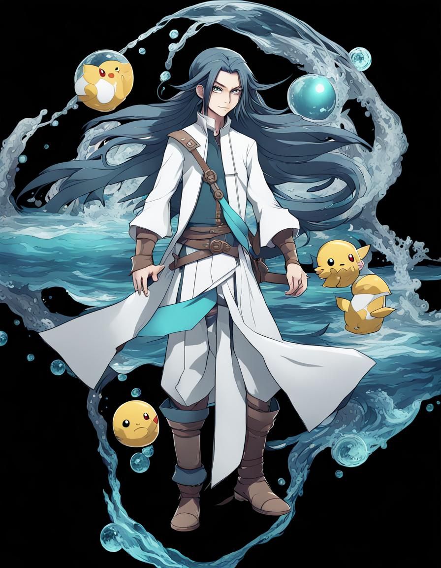 A male young Pokemon trainer with dark blue long hair and te...