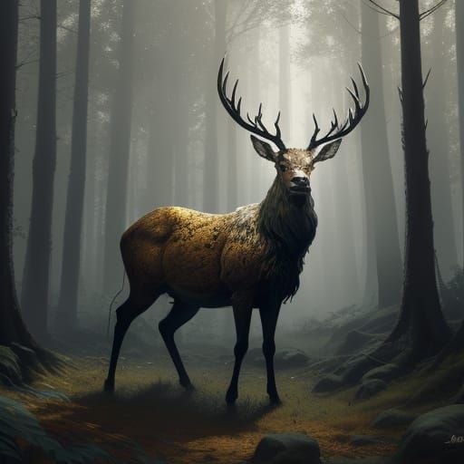 Majestic Stag and Silver Tree in Ethereal Forest