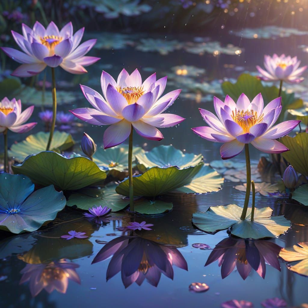 A peaceful pond scene with glowing blue and purple lotus flowers floating on water.  by @April