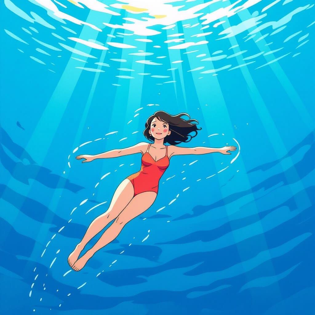 Woman Swims in Deep Blue Ocean with Serene Waves