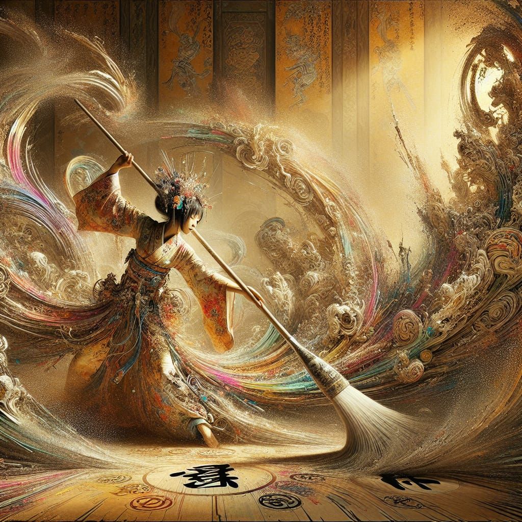 "dramatic painting of beautiful Japanese princess dancing with a giant paint brush, painting beautiful ...  by @Kindly Offer