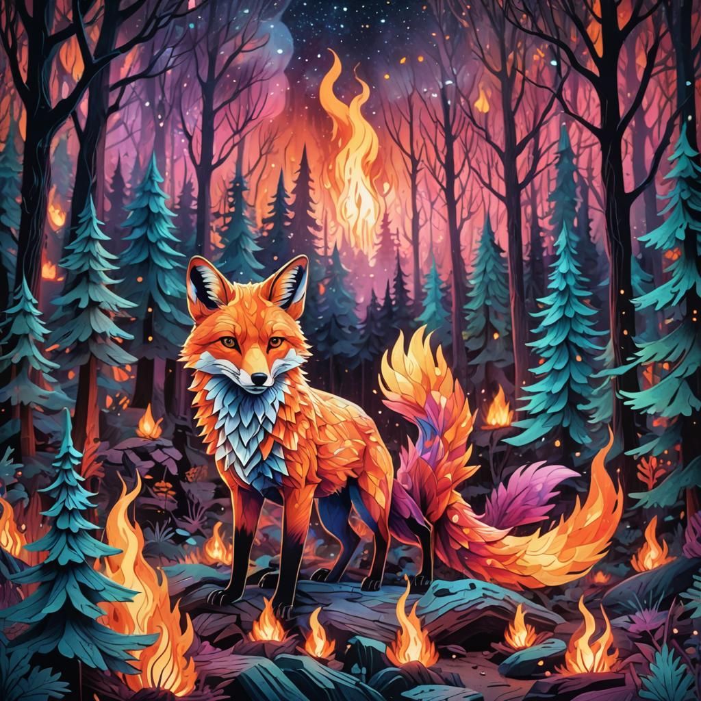 Fiery Fox in a Cosmic Forest, Holographic Art