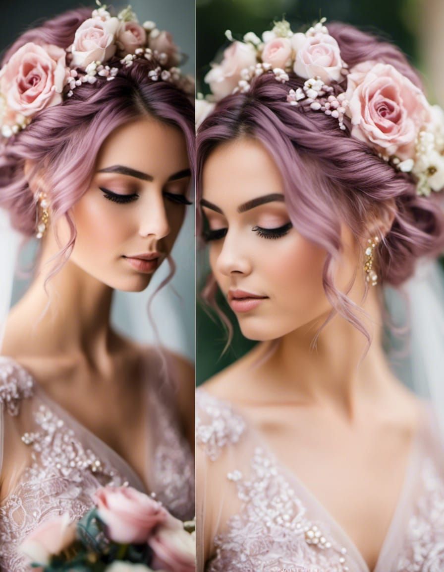  <lora:RealisticPortrait:1.0> beautiful pinkish mauve hair bride with gorgeous bride hair style