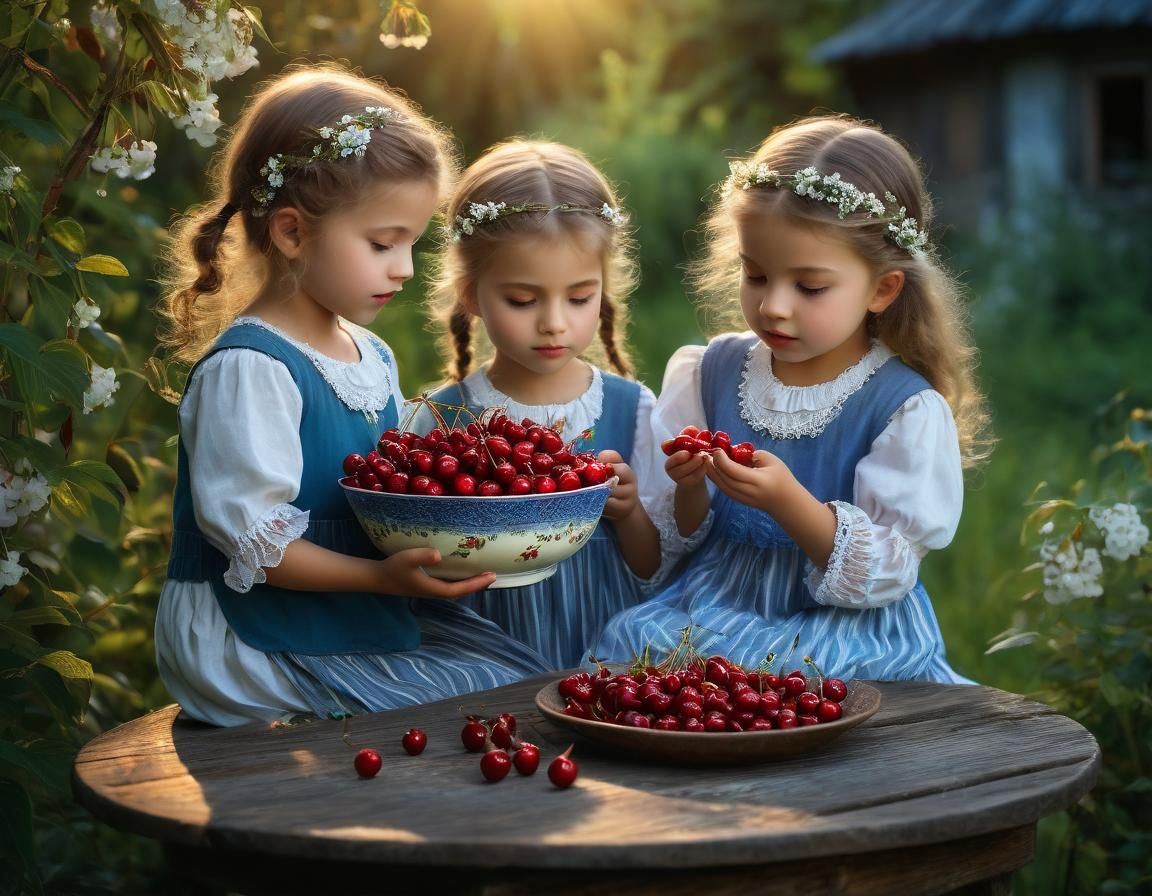 the cute children are eating cherries from a flowered porcel...