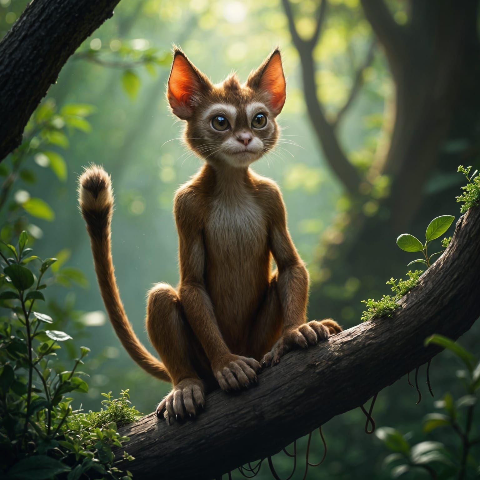 A unique hybrid creature that combines features of a monkey and a cat. The body is slim and agile, like a cat's, covered in short fur with s...