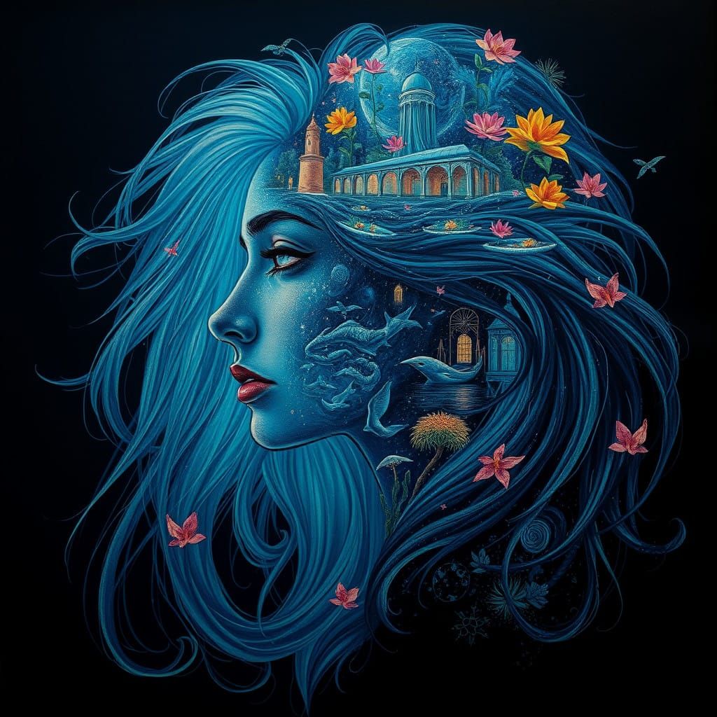 Un portrait captivant d'une femme dont le profil est illuminé sur un fond sombre. Alors que ses traits ...  by @Nadouche B B