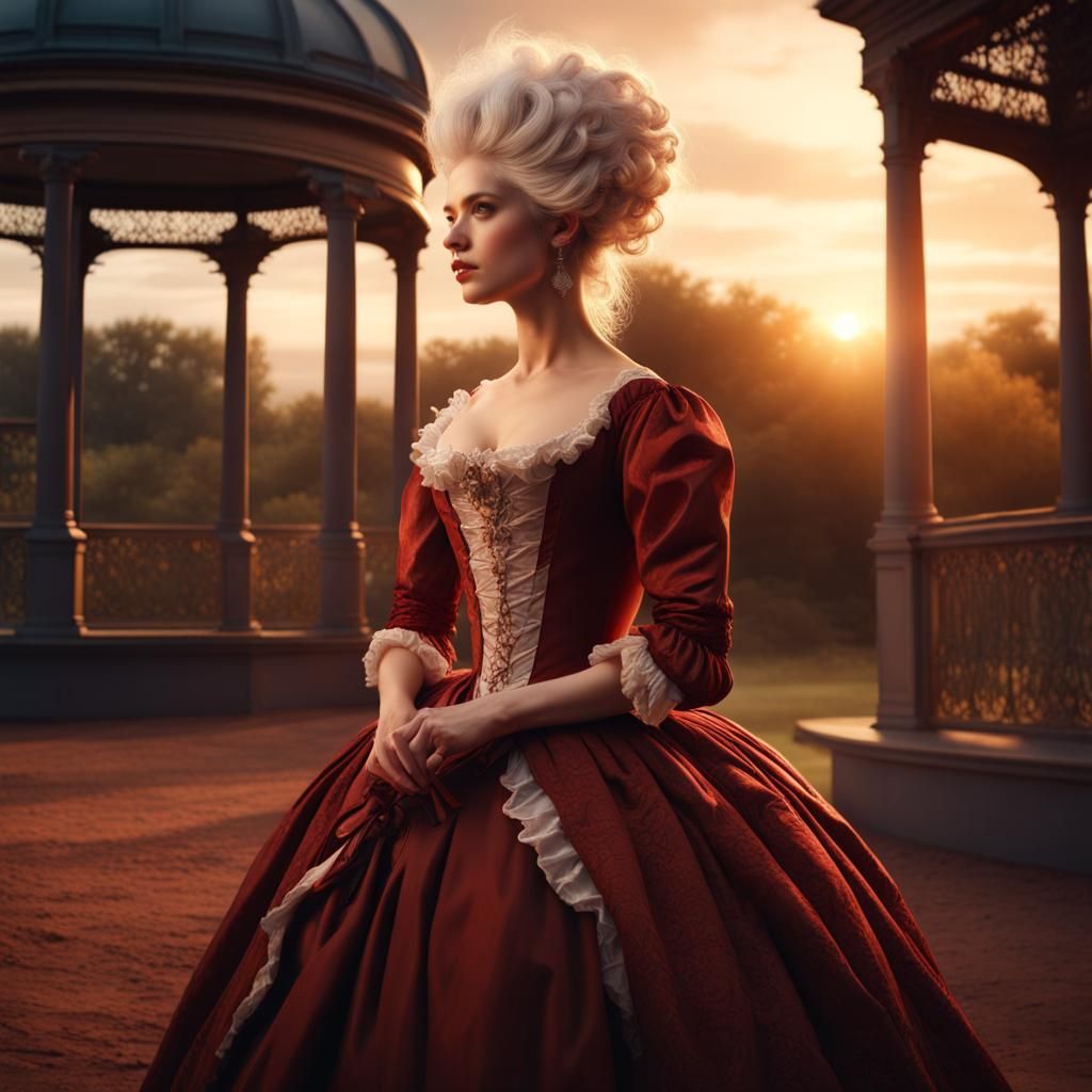 Young beautiful woman romantic 1700s, powdered wig, sunset, gazebo, red ...