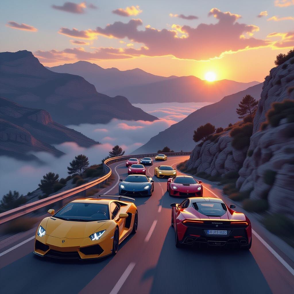 Italian Sports Cars on Alpine Road at Sunset