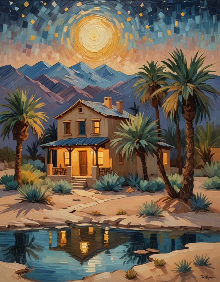 Adobe House Beside Desert Oasis at Twilight