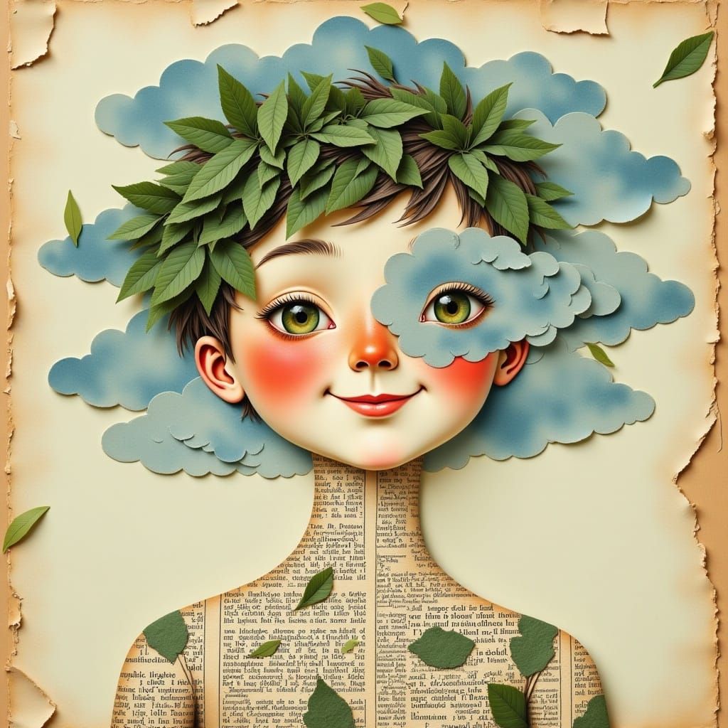 <lora:Mixed Media blending:1.0> A beautiful illustration of a happy boy is made entirely of blended vintage newspaper texture with green lus...