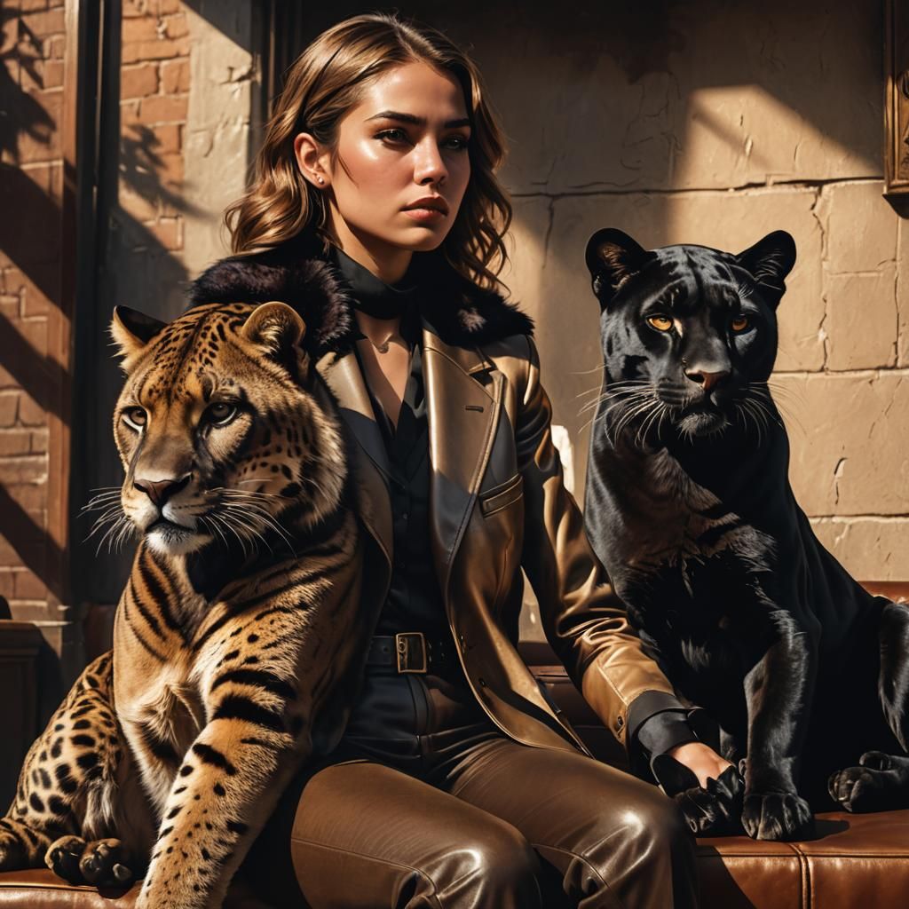 Girl in Mafia Attire with Panther: Hyper-Realistic Digital A...