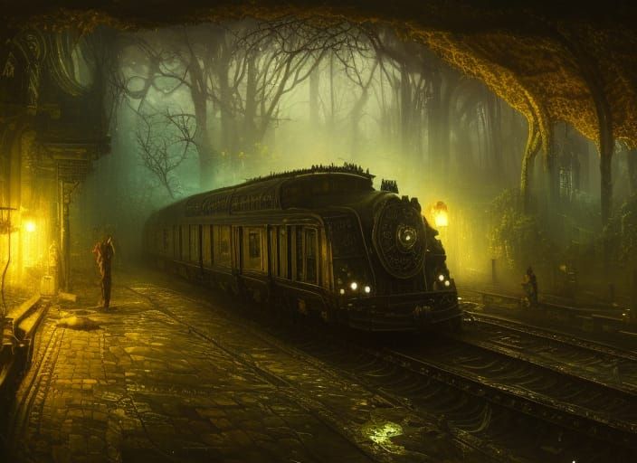 Green train on a moonlit night, shamrock decorations, intricate details, hyperdetailed, ornate, complex, ...  by @Bae