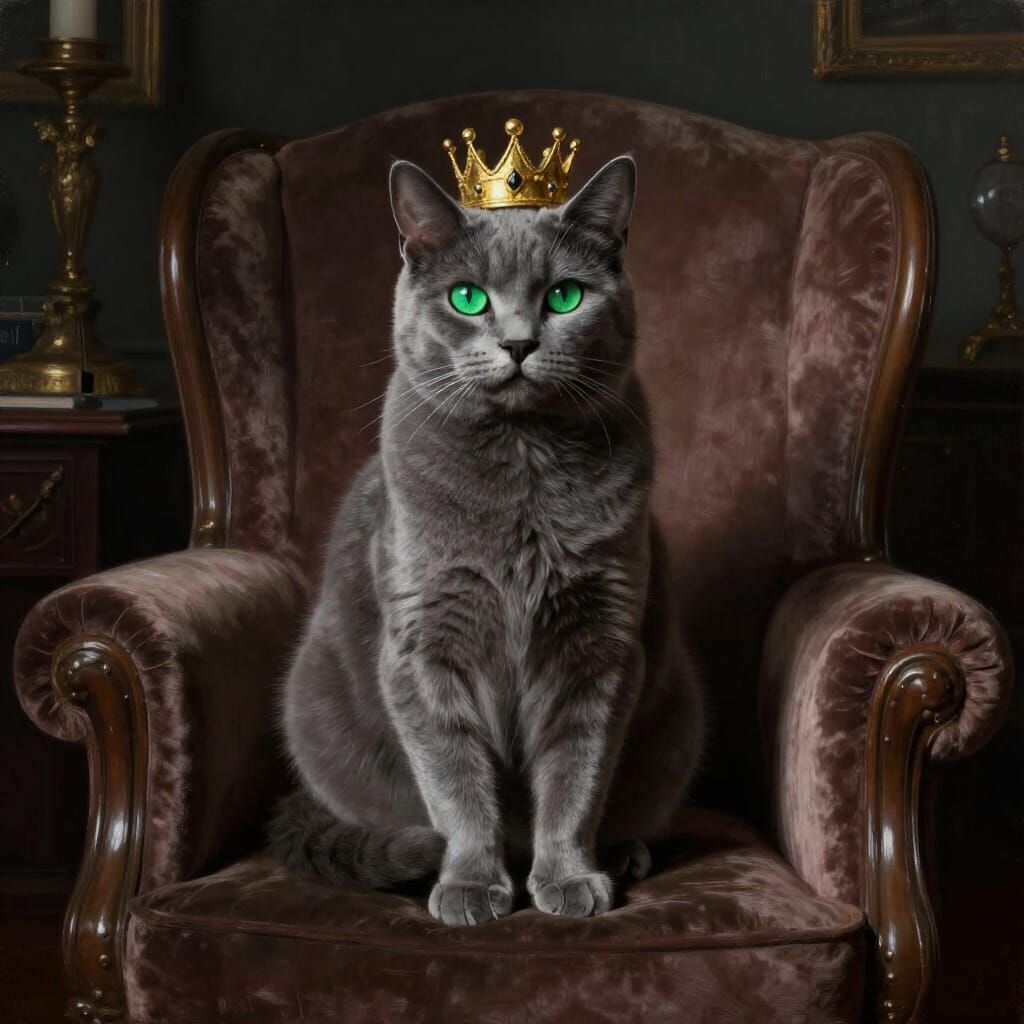 Regal Grey Cat Crowned in Opulent Study