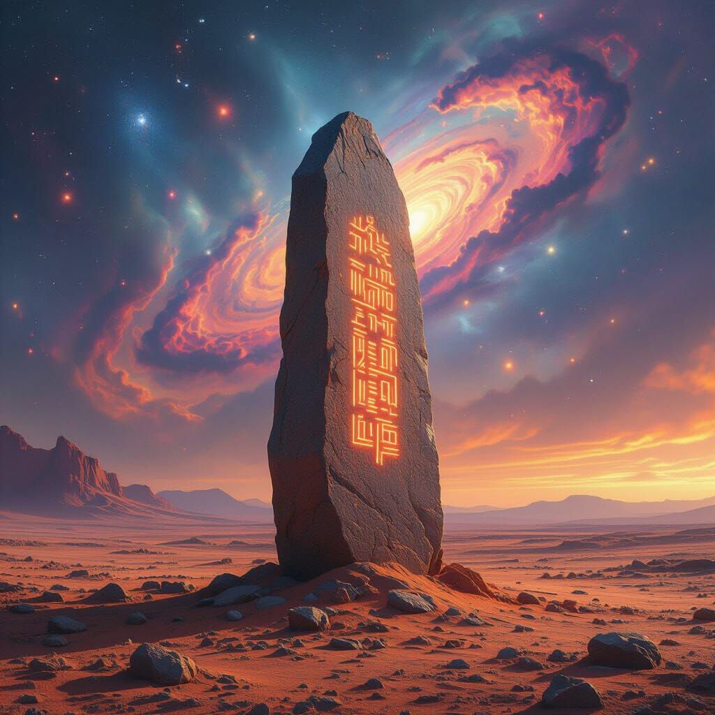 A solitary ancient stone monolith, covered in glowing cosmic glyphs, stands on a desolate alien planet. The sky is a swirling nebula of vibr...