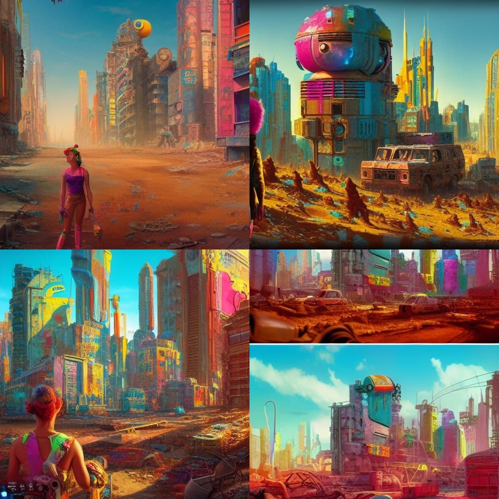 bright, happy, and colorful post-apocalyptic nuclear wastela...