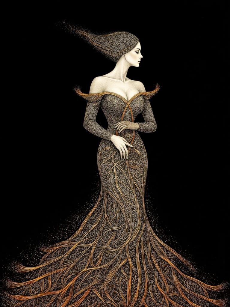 <lora:Scratchboard:1.0> <lora:Beauty:1.0> scratchboard art, highly detailed intricate copper, bronze and gold fine lines on a black backgrou...