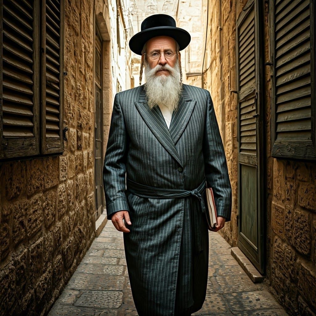 Elderly Hasidic Rabbi Walks Through Meah Shearim