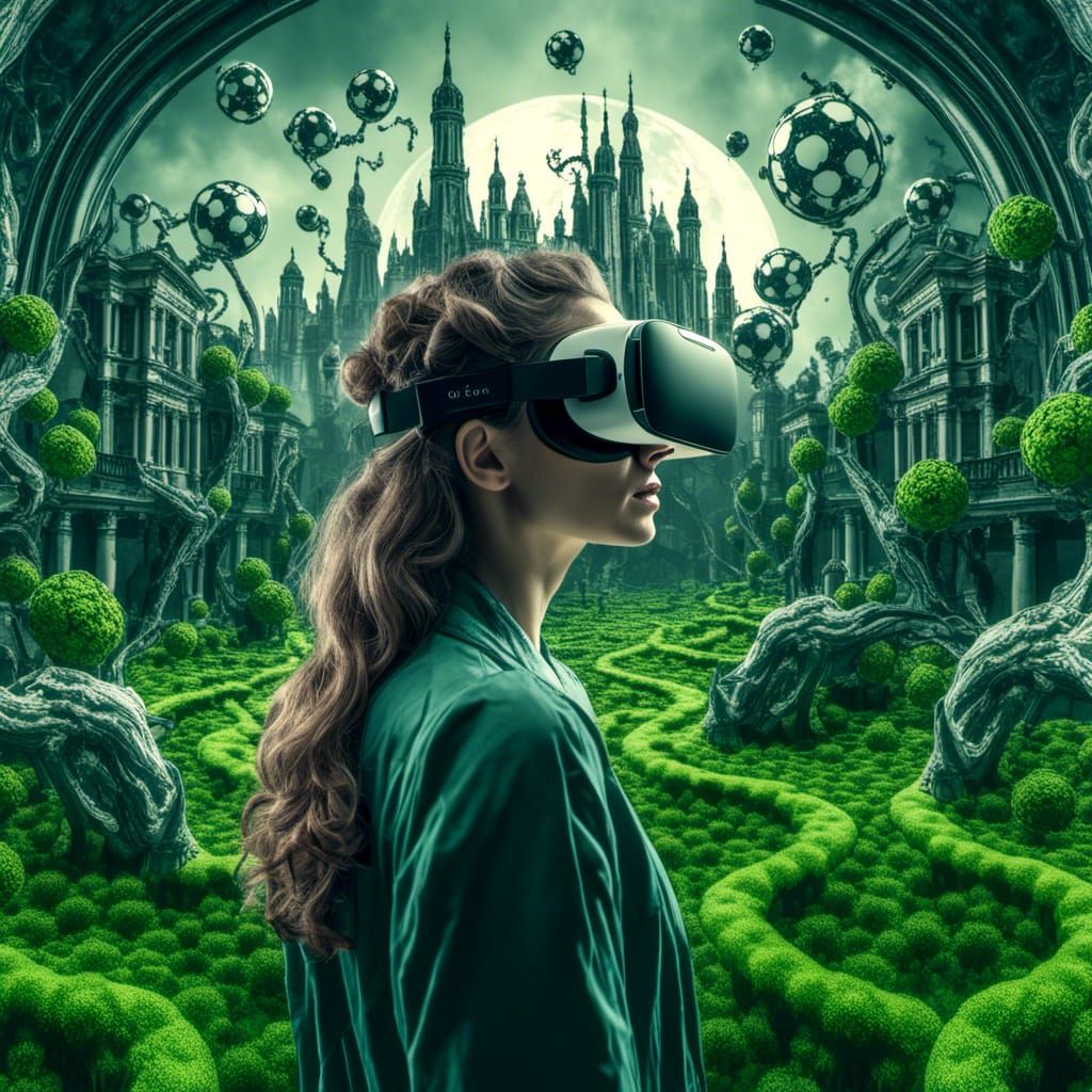 <lora:Eschers Poe:1.0> A close-up of a woman wearing a virtual reality headset, standing in a lush green field, her reflection showing a dy...
