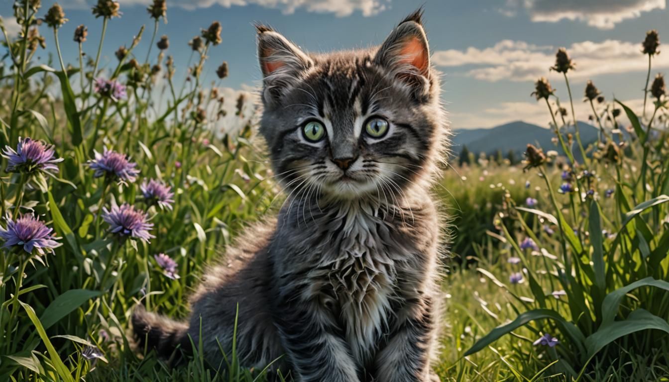 Hyperrealistic longhair smoky gray kitten with green eyes. S...