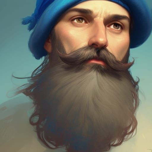 man with big beard and mustache with blue hat