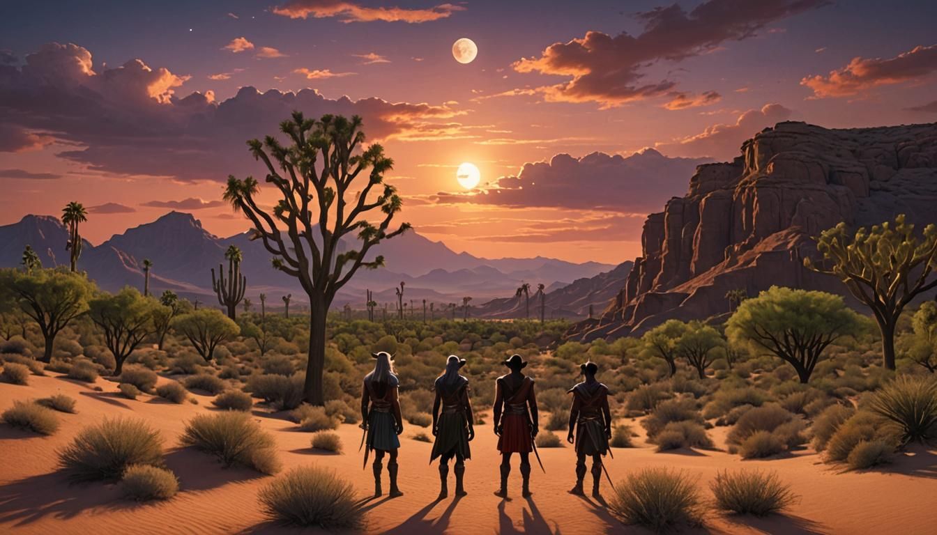 (Beautiful Desert Oasis Sunset With Two Full Moons In The Sk...