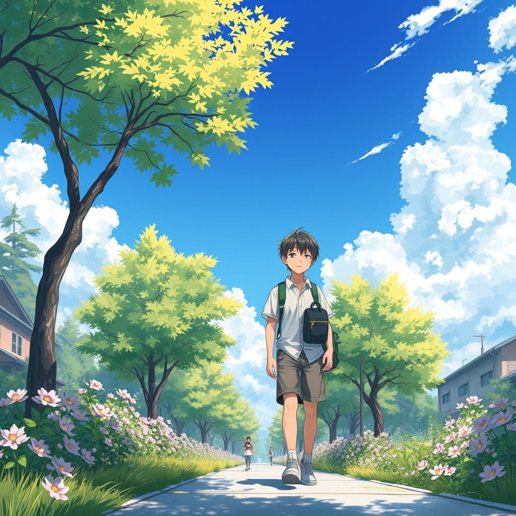 Boy Walking to School in Anime Style