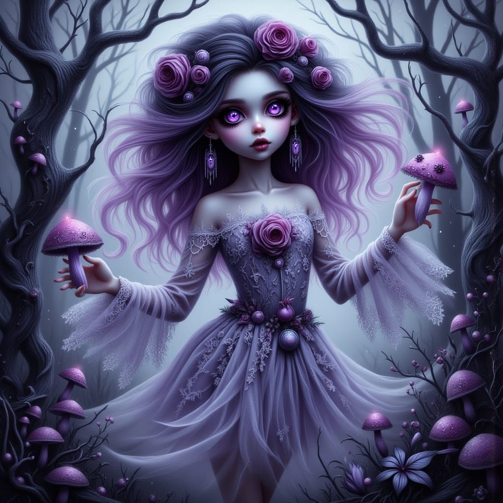 Whimsical Dark Art of a Ghostly Girl Dancing in a Haunting F...