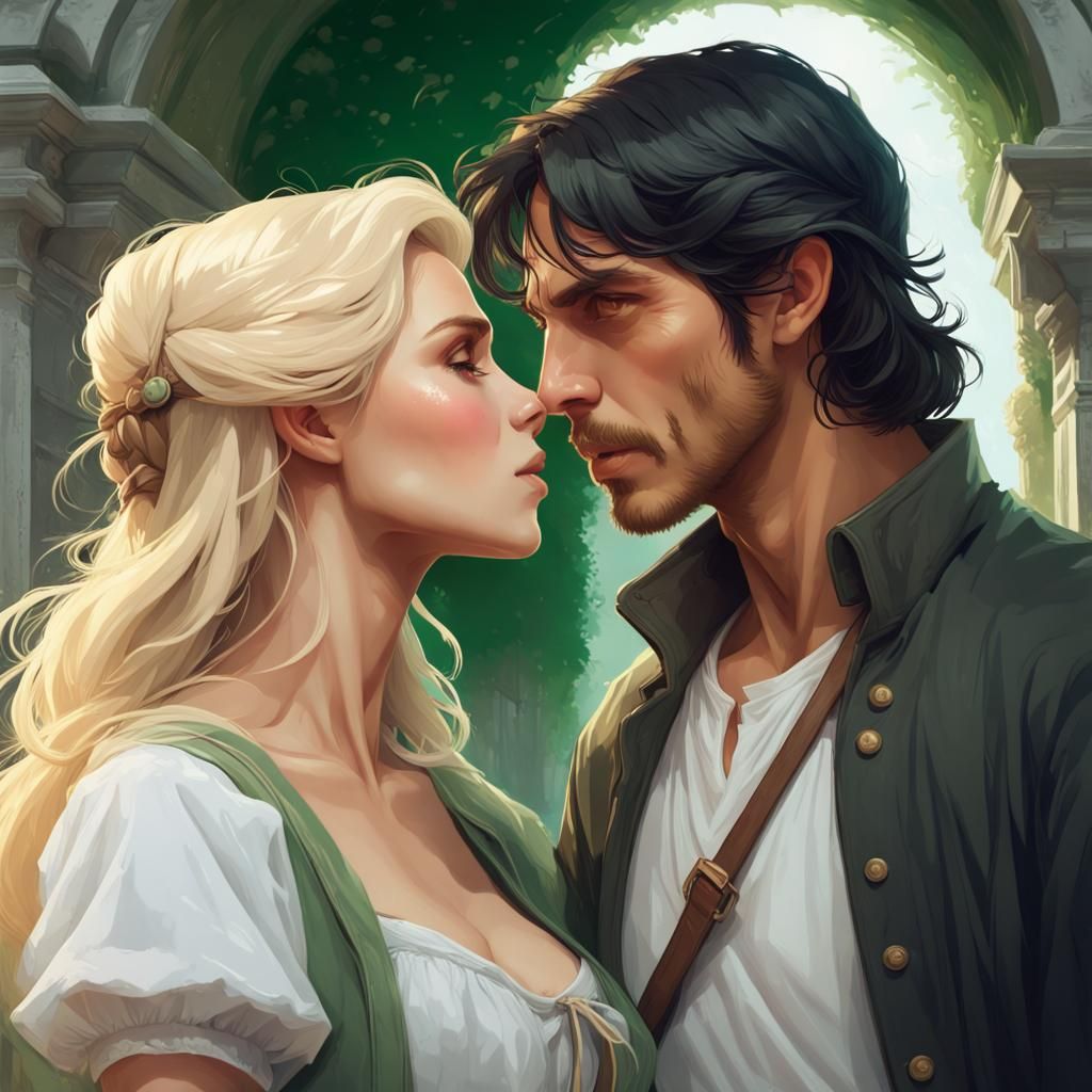 Imagine a kiss between a man with medium black hair, brown e...
