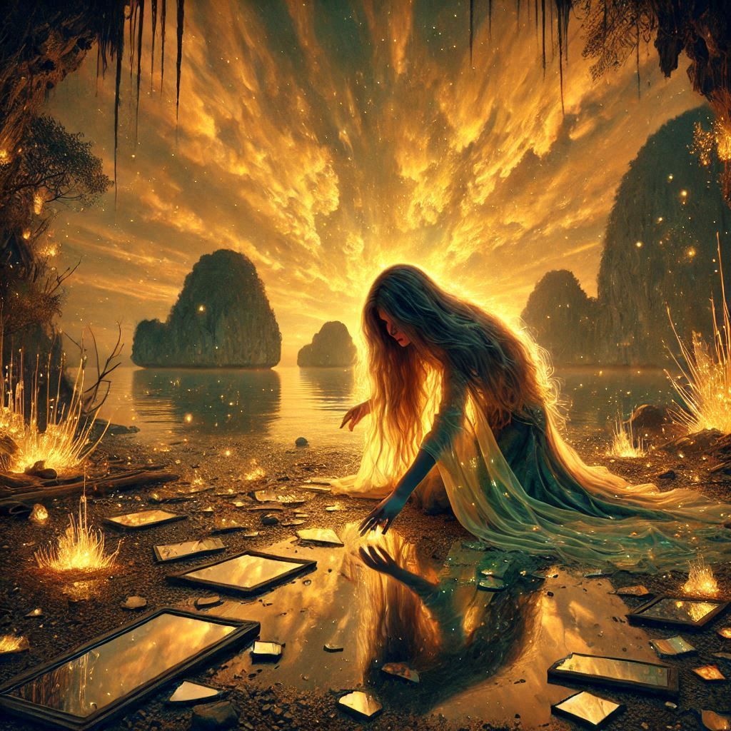 A woman, shrouded in long, flowing hair, kneels on a mystica...