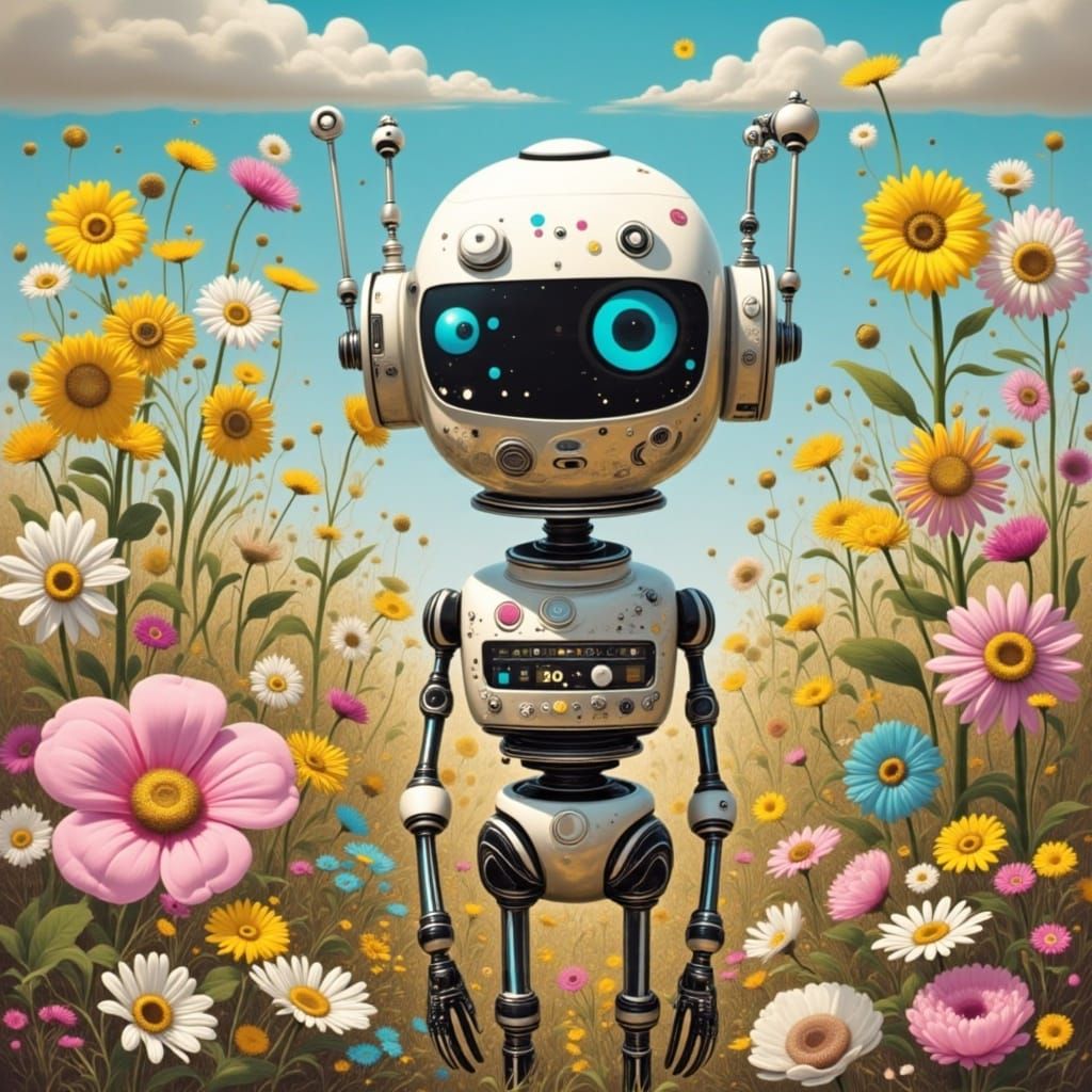 <lora:CrAzYToWn:1.0> Cute robots in a flower garden 
