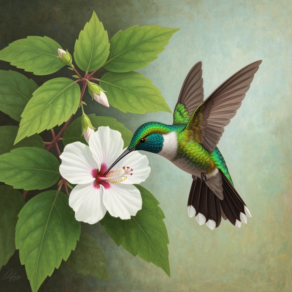 Hummingbird drinking from a white hibiscus flower   by @Xx_METALFLEURDELIS_xX
