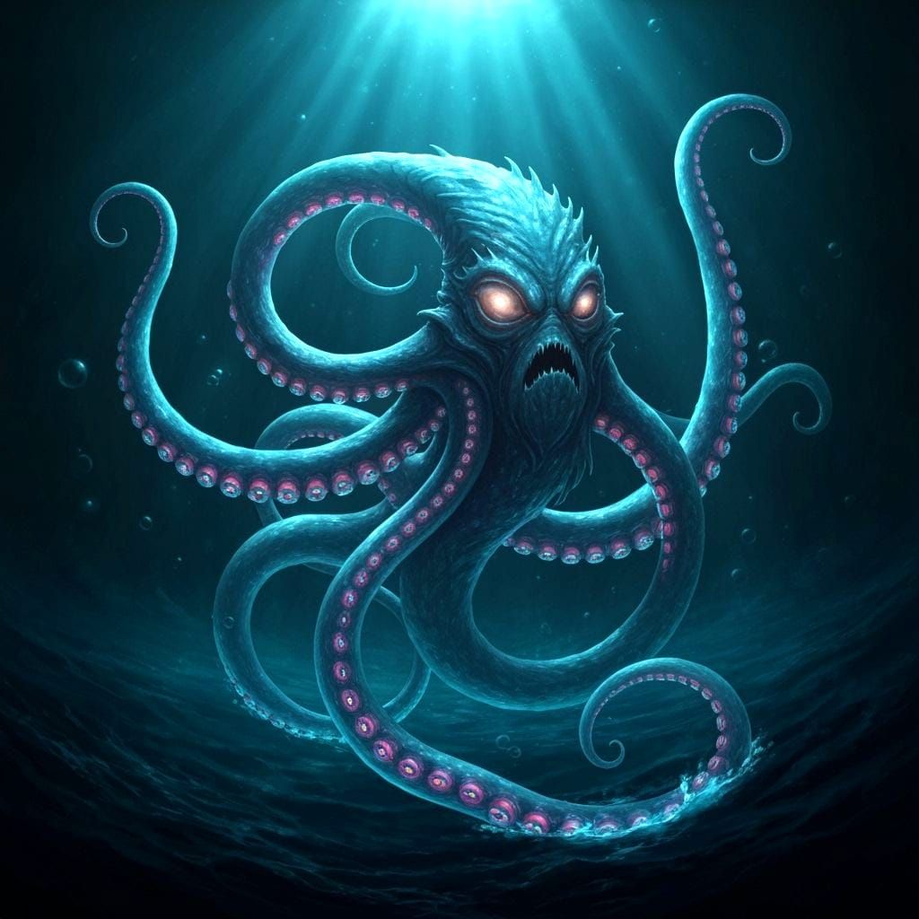 A celestial kraken with tentacles of swirling nebulae and eyes like distant galaxies rises from the depths of a cosmic ocean, its biolumines...