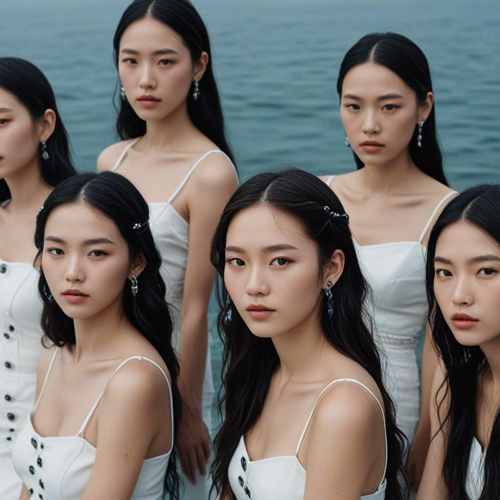 Elegant Women Pose in Front of Futuristic Waterfall in High-...